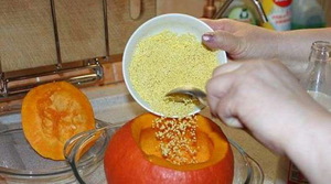Способ приготовления каши из риса или пшена, запечённой в тыкве